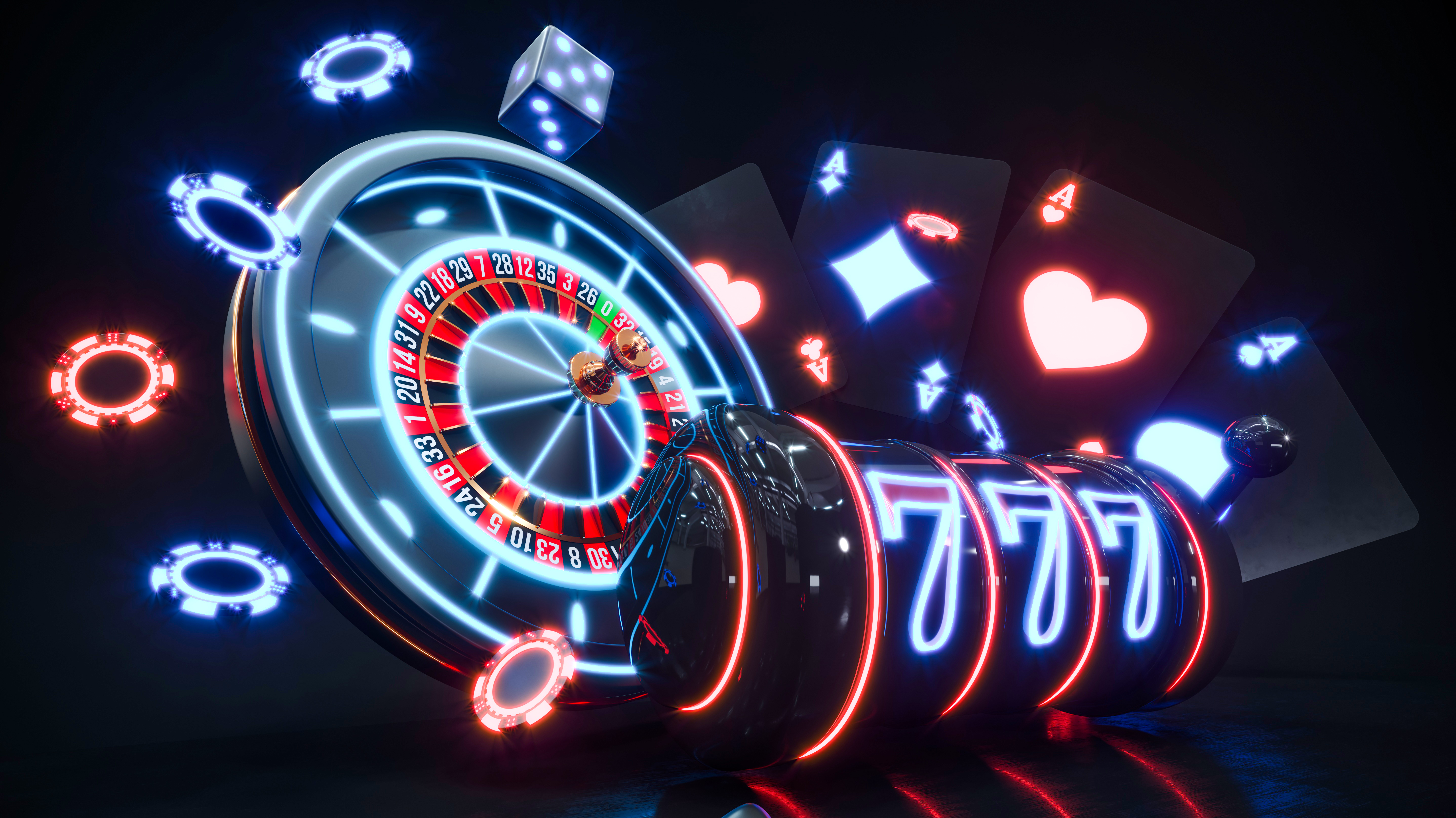 Neon 3D prikaz kotača ruleta, kockica i žetona koji simboliziraju uzbudljivost i sigurnost legalnih online kasina.
